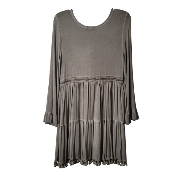 POL Olive Green Gray Boho Long Sleeve Tiered Dress With Pom Pom Trim Hem - Picture 7 of 12